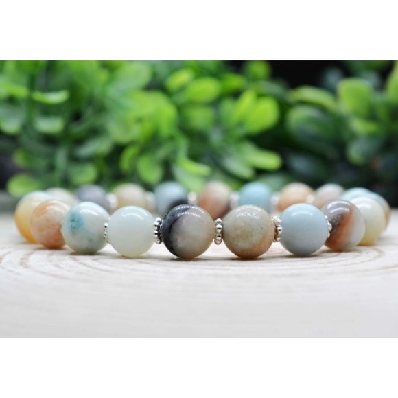 10mm Natural Amazonite Jasper with Daisy Spacer Stretch Bracelet - Picture 2 of 7